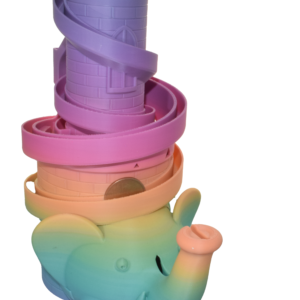 Coin sliding down coin bank tower on elephant